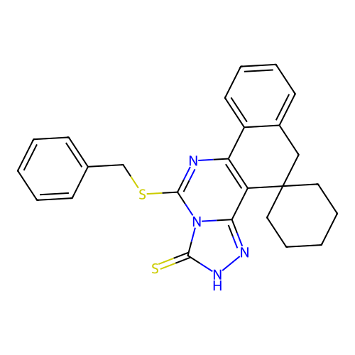 11-(benzylsulfanyl)-2,5-dihydro-1H-spiro[benzo[h][1,2,4]triazolo[4,3-c]quinazoline-4,1'-cyclohexane]-1-thione structure