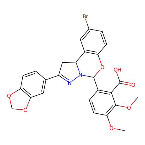 6-(2-(benzo[d][1,3]dioxol-5-yl)-9-bromo-5,10b-dihydro-1H-benzo[e]pyrazolo[1,5-c][1,3]oxazin-5-yl)-2,3-dimethoxybenzoic acid structure