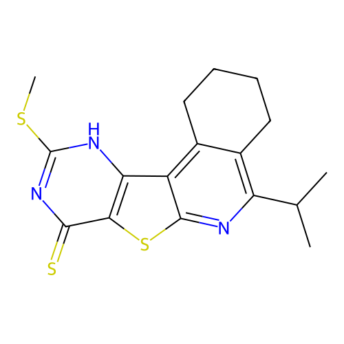 10-(methylsulfanyl)-5-(propan-2-yl)-1,2,3,4-tetrahydropyrimido[4',5':4,5]thieno[2,3-c]isoquinoline-8(9H)-thione structure