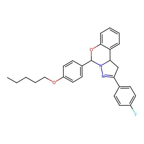2-(4-fluorophenyl)-5-(4-(pentyloxy)phenyl)-5,10b-dihydro-1H-benzo[e]pyrazolo[1,5-c][1,3]oxazine structure