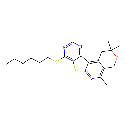 8-(hexylsulfanyl)-2,2,5-trimethyl-1,4-dihydro-2H-pyrano[4'',3'':4',5']pyrido[3',2':4,5]thieno[3,2-d]pyrimidine structure