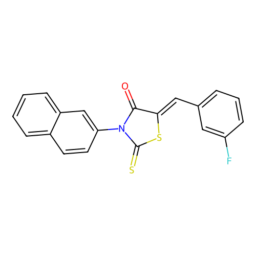 (5Z)-5-(3-fluorobenzylidene)-3-(naphthalen-2-yl)-2-thioxo-1,3-thiazolidin-4-one structure
