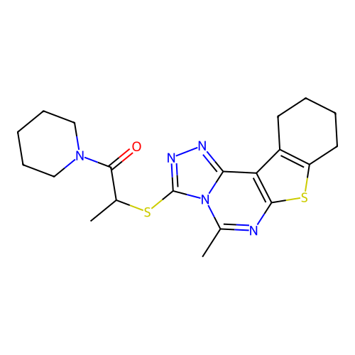 2-((5-methyl-8,9,10,11-tetrahydrobenzo[4,5]thieno[3,2-e][1,2,4]triazolo[4,3-c]pyrimidin-3-yl)thio)-1-(piperidin-1-yl)propan-1-one structure