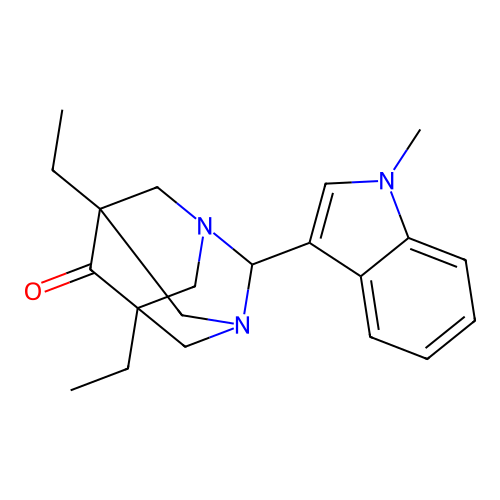 (5s,7s)-5,7-diethyl-2-(1-methyl-1H-indol-3-yl)-1,3-diazaadamantan-6-one structure