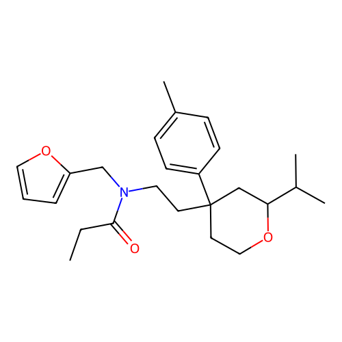 N-(furan-2-ylmethyl)-N-[2-[4-(4-methylphenyl)-2-propan-2-yloxan-4-yl]ethyl]propanamide structure