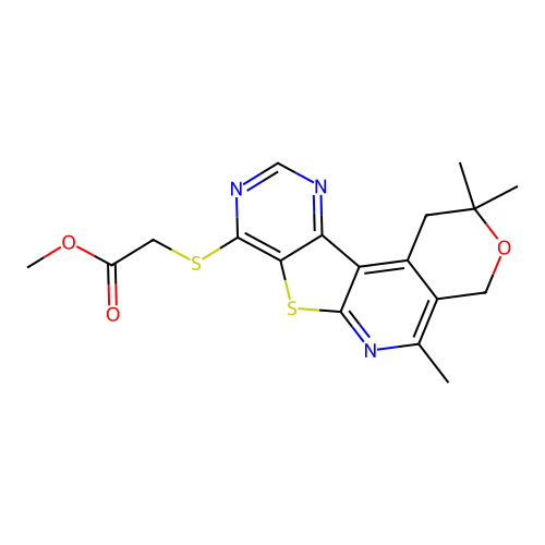 methyl [(2,2,5-trimethyl-1,4-dihydro-2H-pyrano[4'',3'':4',5']pyrido[3',2':4,5]thieno[3,2-d]pyrimidin-8-yl)sulfanyl]acetate structure