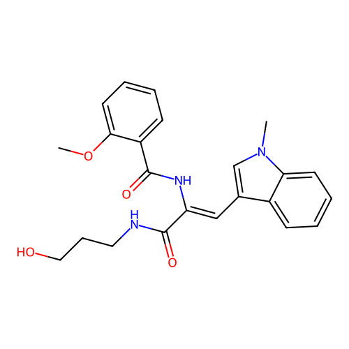 (Z)-N-(3-((3-hydroxypropyl)amino)-1-(1-methyl-1H-indol-3-yl)-3-oxoprop-1-en-2-yl)-2-methoxybenzamide structure