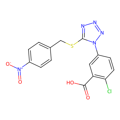 2-chloro-5-{5-[(4-nitrobenzyl)sulfanyl]-1H-tetrazol-1-yl}benzoic acid structure