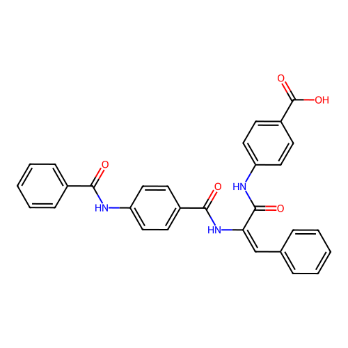 (E)-4-(2-(4-benzamidobenzamido)-3-phenylacrylamido)benzoic acid structure