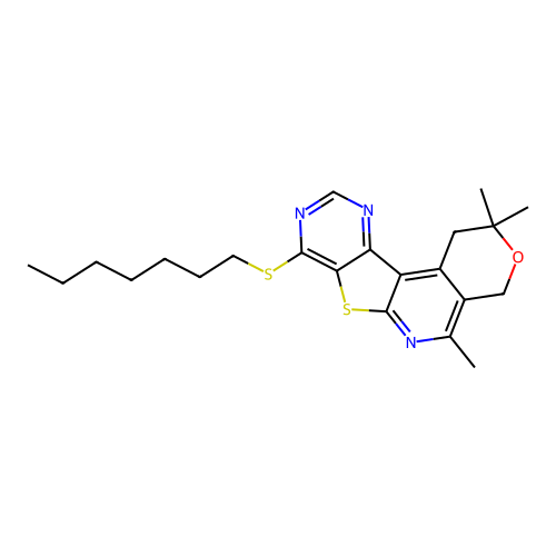 8-(heptylsulfanyl)-2,2,5-trimethyl-1,4-dihydro-2H-pyrano[4'',3'':4',5']pyrido[3',2':4,5]thieno[3,2-d]pyrimidine structure