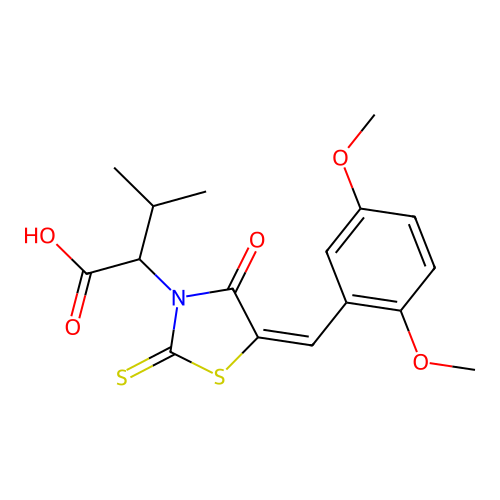 2-[(5E)-5-[(2,5-dimethoxyphenyl)methylidene]-4-oxo-2-sulfanylidene-1,3-thiazolidin-3-yl]-3-methylbutanoic acid structure
