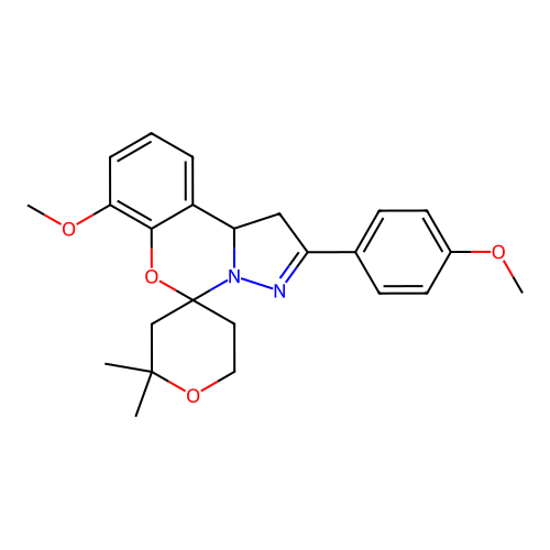 7'-methoxy-2'-(4-methoxyphenyl)-2,2-dimethyl-1',2,3,5,6,10b'-hexahydrospiro[pyran-4,5'-pyrazolo[1,5-c][1,3]benzoxazine] structure