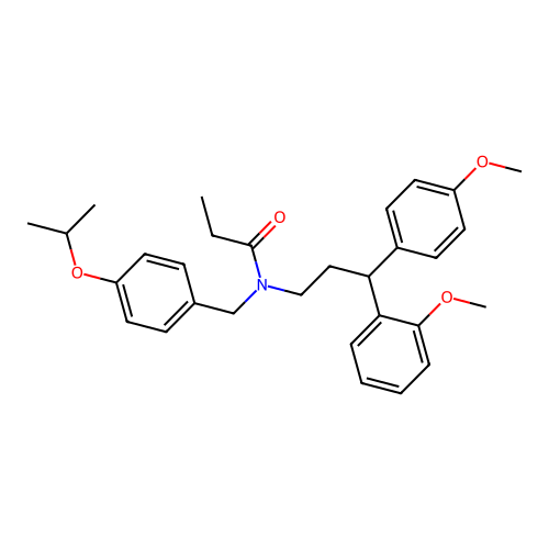N-[3-(2-methoxyphenyl)-3-(4-methoxyphenyl)propyl]-N-[(4-propan-2-yloxyphenyl)methyl]propanamide structure