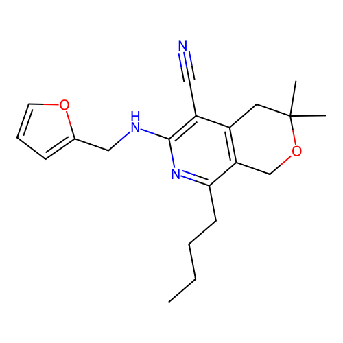 8-butyl-6-((furan-2-ylmethyl)amino)-3,3-dimethyl-3,4-dihydro-1H-pyrano[3,4-c]pyridine-5-carbonitrile structure