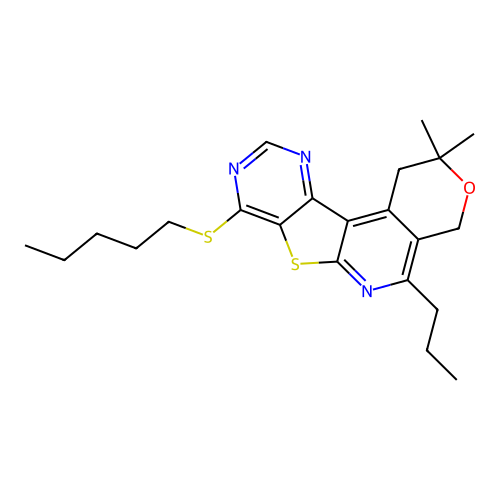 2,2-dimethyl-8-(pentylsulfanyl)-5-propyl-1,4-dihydro-2H-pyrano[4'',3'':4',5']pyrido[3',2':4,5]thieno[3,2-d]pyrimidine structure