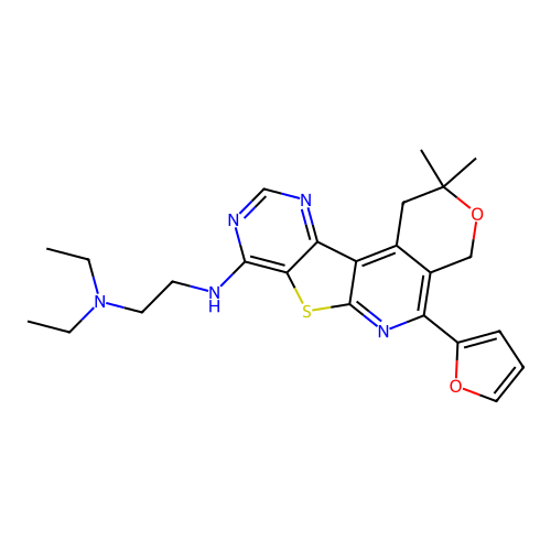 N,N-diethyl-N'-[5-(2-furyl)-2,2-dimethyl-1,4-dihydro-2H-pyrano[4'',3'':4',5']pyrido[3',2':4,5]thieno[3,2-d]pyrimidin-8-yl]ethane-1,2-diamine structure