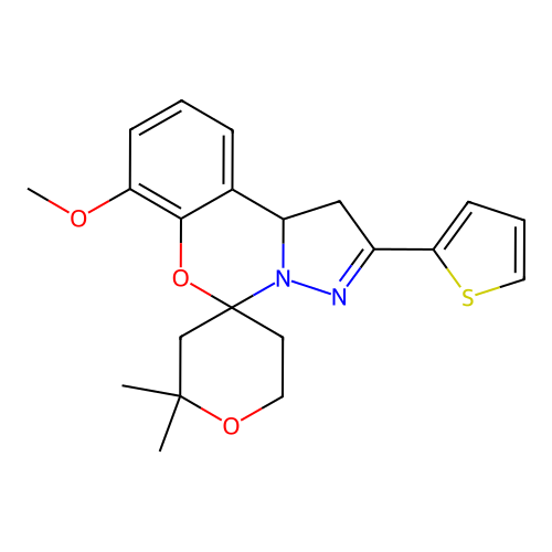 7'-methoxy-2,2-dimethyl-2'-(thiophen-2-yl)-1',2,3,5,6,10b'-hexahydrospiro[pyran-4,5'-pyrazolo[1,5-c][1,3]benzoxazine] structure