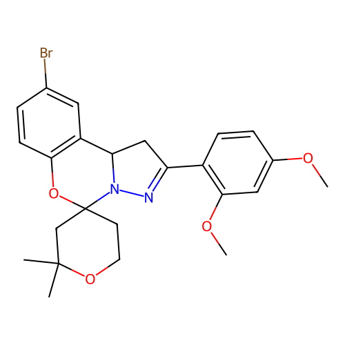 9'-bromo-2'-(2,4-dimethoxyphenyl)-2,2-dimethyl-1',2,3,5,6,10b'-hexahydrospiro[pyran-4,5'-pyrazolo[1,5-c][1,3]benzoxazine] structure
