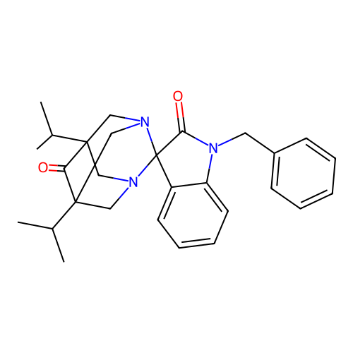 (5s,7s)-1'-benzyl-5,7-diisopropyl-1,3-diazaspiro[adamantane-2,3'-indoline]-2',6-dione structure