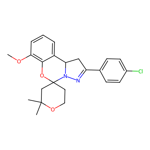 2'-(4-chlorophenyl)-7'-methoxy-2,2-dimethyl-1',2,3,5,6,10b'-hexahydrospiro[pyran-4,5'-pyrazolo[1,5-c][1,3]benzoxazine] structure