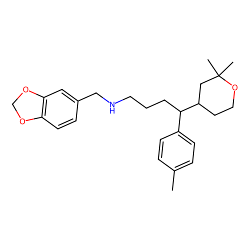 N-(1,3-benzodioxol-5-ylmethyl)-4-(2,2-dimethyloxan-4-yl)-4-(4-methylphenyl)butan-1-amine structure