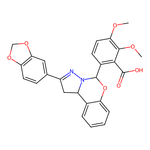 6-[2-(1,3-benzodioxol-5-yl)-1,10b-dihydropyrazolo[1,5-c][1,3]benzoxazin-5-yl]-2,3-dimethoxybenzoic acid structure
