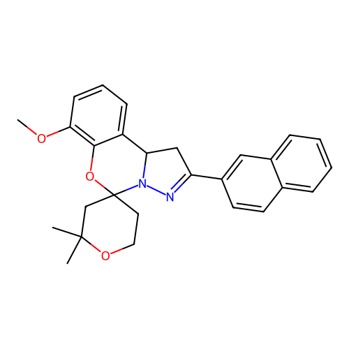 7'-methoxy-2,2-dimethyl-2'-(naphthalen-2-yl)-1',2,3,5,6,10b'-hexahydrospiro[pyran-4,5'-pyrazolo[1,5-c][1,3]benzoxazine] structure
