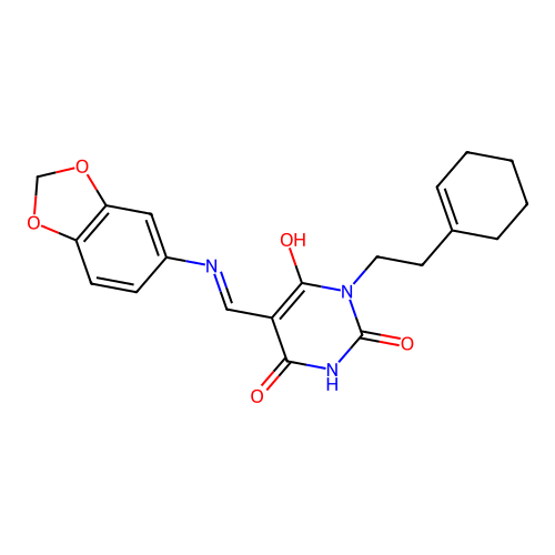 (5E)-5-[(1,3-benzodioxol-5-ylamino)methylidene]-1-[2-(cyclohexen-1-yl)ethyl]-1,3-diazinane-2,4,6-trione structure