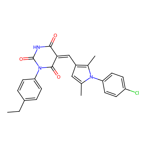 (5Z)-5-[[1-(4-chlorophenyl)-2,5-dimethylpyrrol-3-yl]methylidene]-1-(4-ethylphenyl)-1,3-diazinane-2,4,6-trione structure