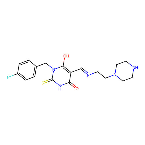 (5E)-1-(4-fluorobenzyl)-5-({[2-(piperazin-1-yl)ethyl]amino}methylidene)-2-sulfanylpyrimidine-4,6(1H,5H)-dione structure