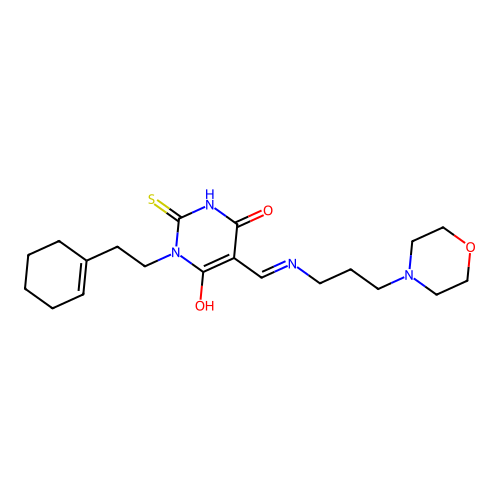 (5E)-1-[2-(cyclohex-1-en-1-yl)ethyl]-5-({[3-(morpholin-4-yl)propyl]amino}methylidene)-2-sulfanylpyrimidine-4,6(1H,5H)-dione structure