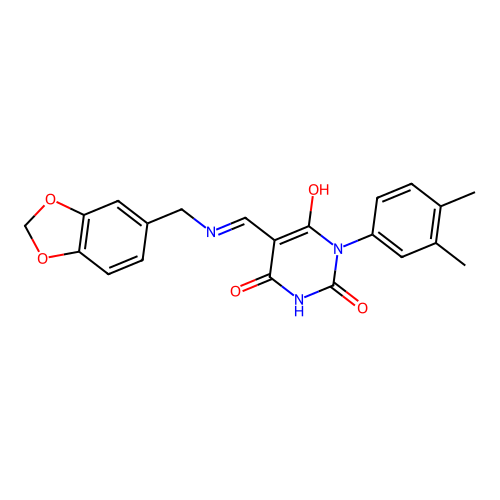 (5E)-5-[(1,3-benzodioxol-5-ylmethylamino)methylidene]-1-(3,4-dimethylphenyl)-1,3-diazinane-2,4,6-trione structure