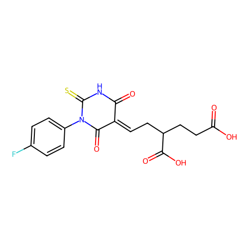 (E)-2-(2-(1-(4-fluorophenyl)-4,6-dioxo-2-thioxotetrahydropyrimidin-5(2H)-ylidene)ethyl)pentanedioic acid structure