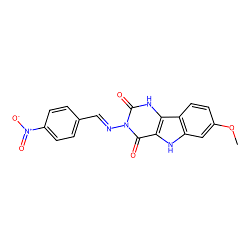 (E)-7-methoxy-3-((4-nitrobenzylidene)amino)-1H-pyrimido[5,4-b]indole-2,4(3H,5H)-dione structure
