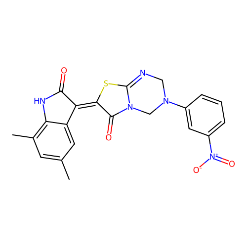 (Z)-7-(5,7-dimethyl-2-oxoindolin-3-ylidene)-3-(3-nitrophenyl)-3,4-dihydro-2H-thiazolo[3,2-a][1,3,5]triazin-6(7H)-one structure