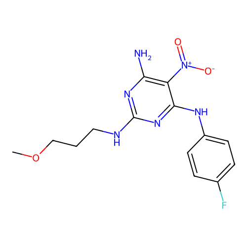 N4-(4-fluorophenyl)-N2-(3-methoxypropyl)-5-nitropyrimidine-2,4,6-triamine structure