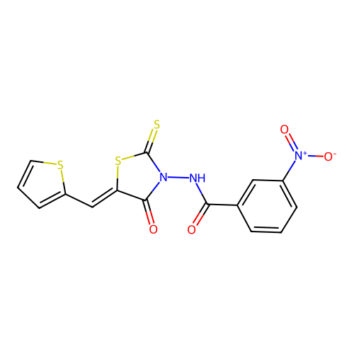 (Z)-3-nitro-N-(4-oxo-5-(thiophen-2-ylmethylene)-2-thioxothiazolidin-3-yl)benzamide structure
