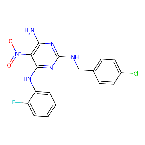 N~2~-(4-chlorobenzyl)-N~4~-(2-fluorophenyl)-5-nitropyrimidine-2,4,6-triamine structure