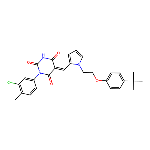 (5E)-5-({1-[2-(4-tert-butylphenoxy)ethyl]-1H-pyrrol-2-yl}methylidene)-3-(3-chloro-4-methylphenyl)-6-hydroxypyrimidine-2,4(3H,5H)-dione structure