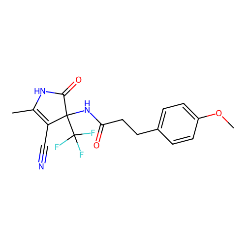 N-(4-cyano-5-methyl-2-oxo-3-(trifluoromethyl)-2,3-dihydro-1H-pyrrol-3-yl)-3-(4-methoxyphenyl)propanamide structure