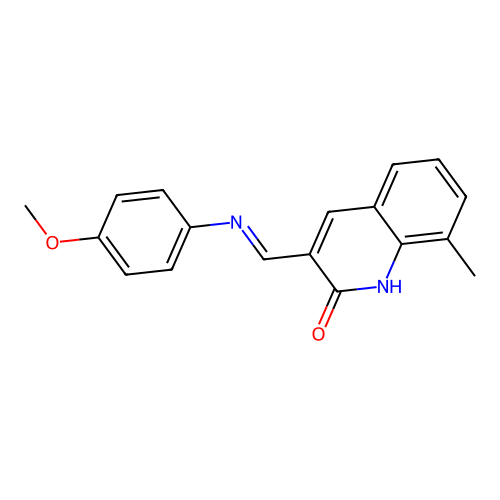 (E)-3-(((4-methoxyphenyl)imino)methyl)-8-methylquinolin-2-ol structure
