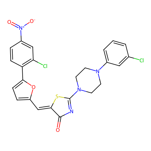 (Z)-5-((5-(2-chloro-4-nitrophenyl)furan-2-yl)methylene)-2-(4-(3-chlorophenyl)piperazin-1-yl)thiazol-4(5H)-one structure