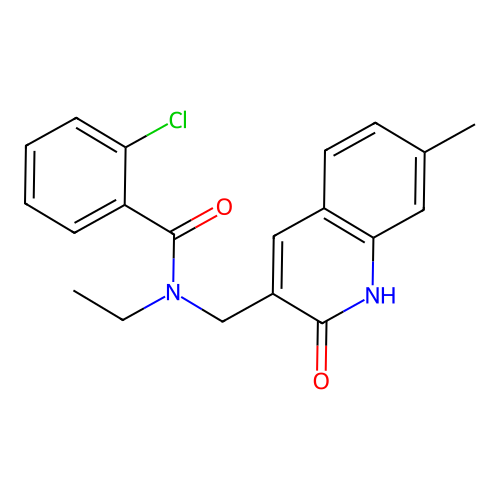 2-chloro-N-ethyl-N-[(7-methyl-2-oxo-1H-quinolin-3-yl)methyl]benzamide structure