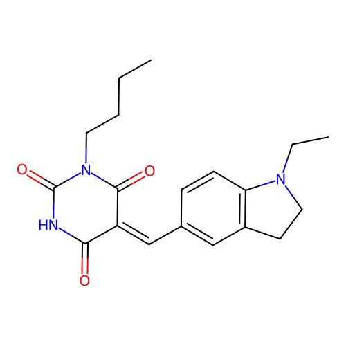 (Z)-1-butyl-5-((1-ethylindolin-5-yl)methylene)pyrimidine-2,4,6(1H,3H,5H)-trione structure