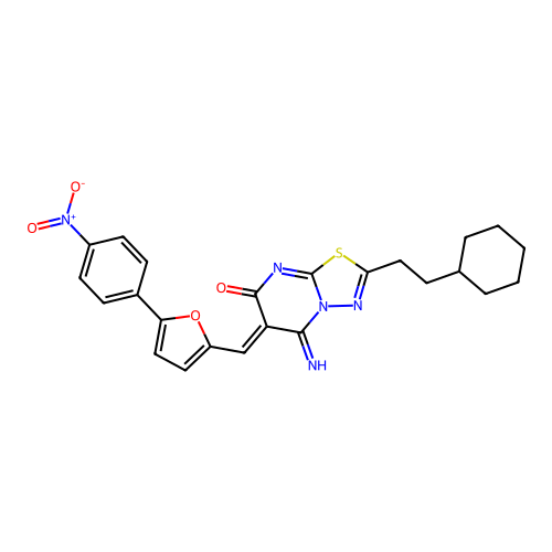 (6Z)-2-(2-cyclohexylethyl)-5-imino-6-[[5-(4-nitrophenyl)furan-2-yl]methylidene]-[1,3,4]thiadiazolo[3,2-a]pyrimidin-7-one structure