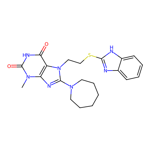 7-(2-((1H-benzo[d]imidazol-2-yl)thio)ethyl)-8-(azepan-1-yl)-3-methyl-1H-purine-2,6(3H,7H)-dione structure