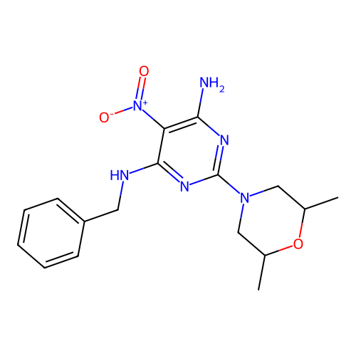 N-benzyl-2-(2,6-dimethylmorpholin-4-yl)-5-nitropyrimidine-4,6-diamine structure