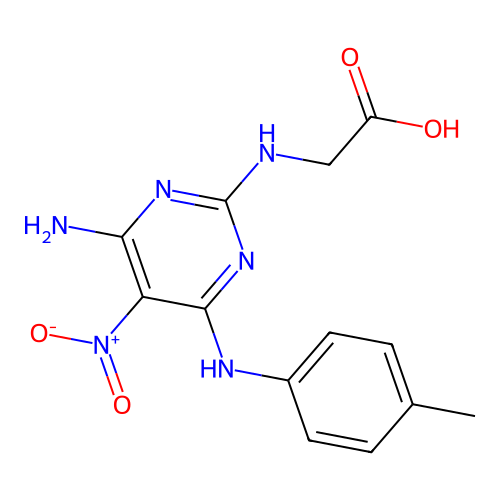 N-{4-amino-6-[(4-methylphenyl)amino]-5-nitropyrimidin-2-yl}glycine structure