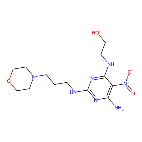 2-((6-amino-2-((3-morpholinopropyl)amino)-5-nitropyrimidin-4-yl)amino)ethanol structure
