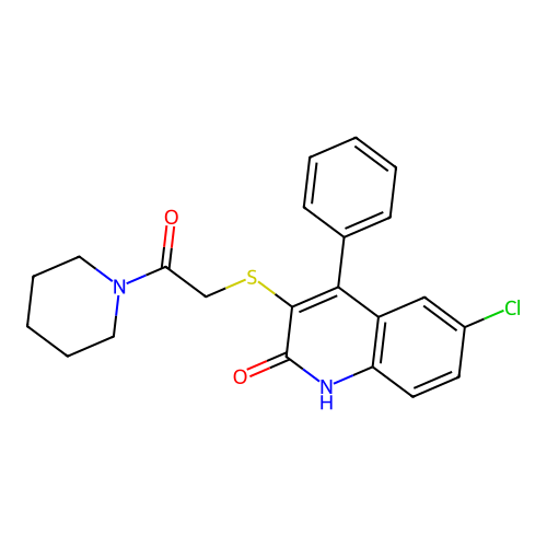 6-chloro-3-[(2-oxo-2-piperidin-1-ylethyl)thio]-4-phenylquinolin-2(1H)-one structure